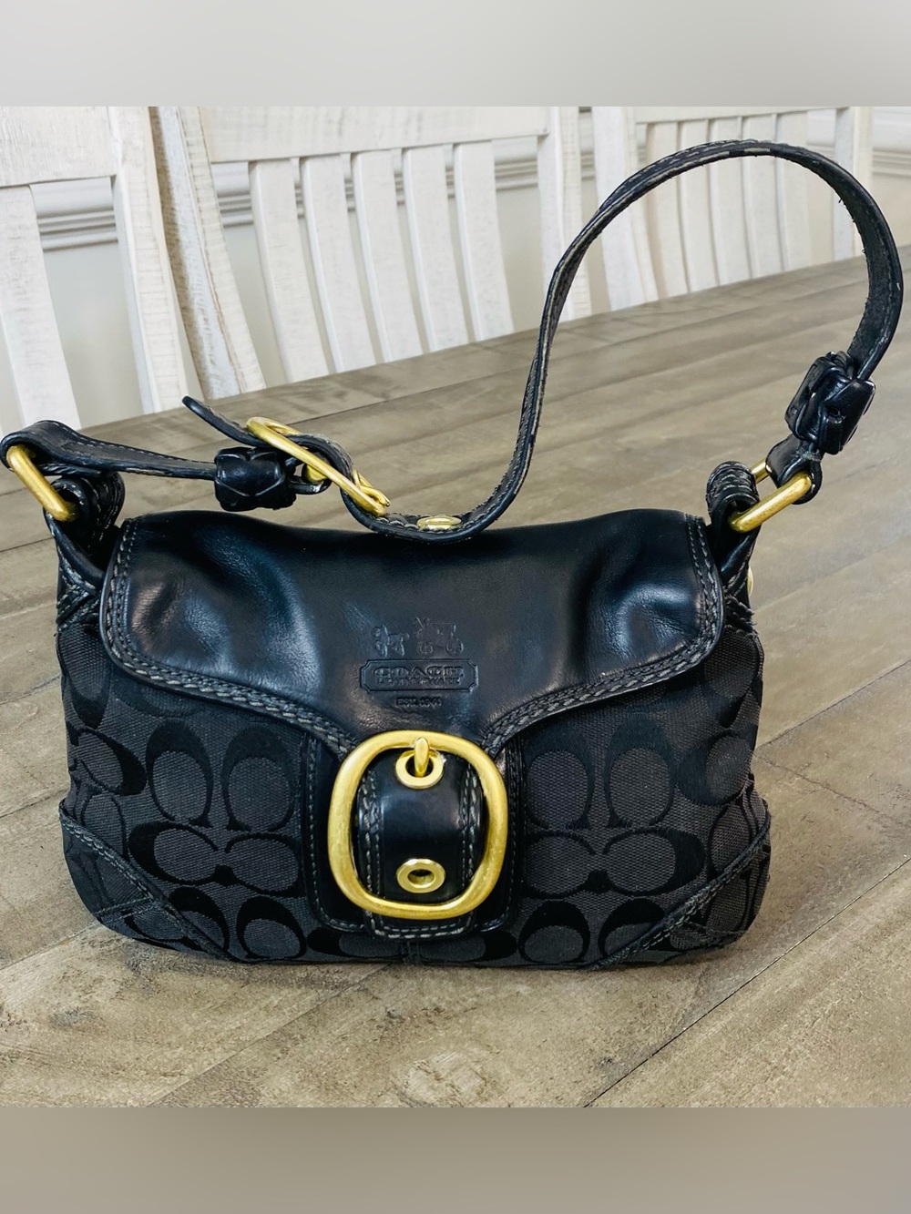 COACH Y2K Vintage Bleecker Signature Small Flap Hobo Bag 11441 Black Brass - Picture 3 of 12